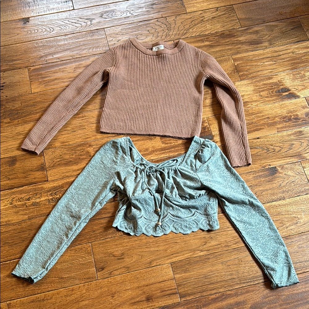 Brown Ribbed Sweater and Green Lace crop Top